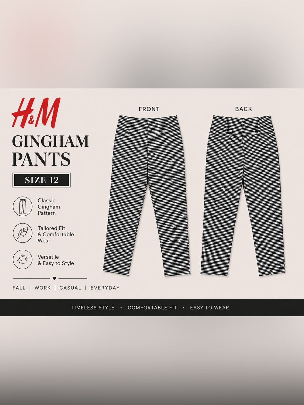 H&M Black White Gingham Pull On Ankle Pants Stretch Size 12 - Picture 1 of 13
